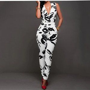 Sleevless deep V neck bodycon long pants